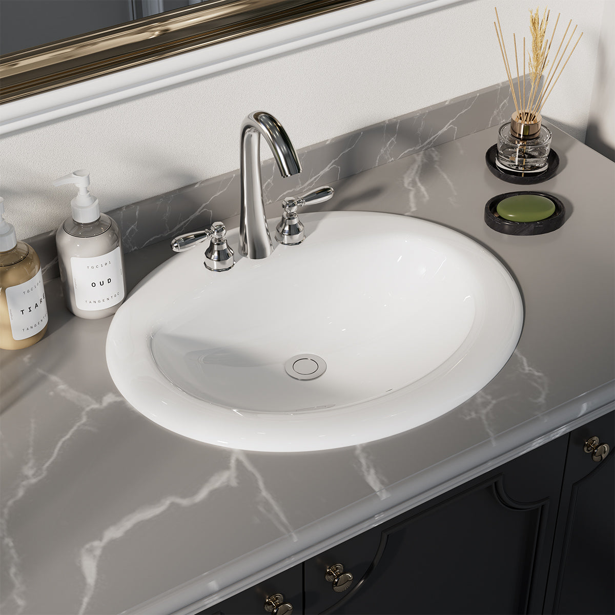 Santa Monica 20 in. Bathroom Sink in White Ceramic Oval Drop-in with Overflow and 4 in. Faucet Holes