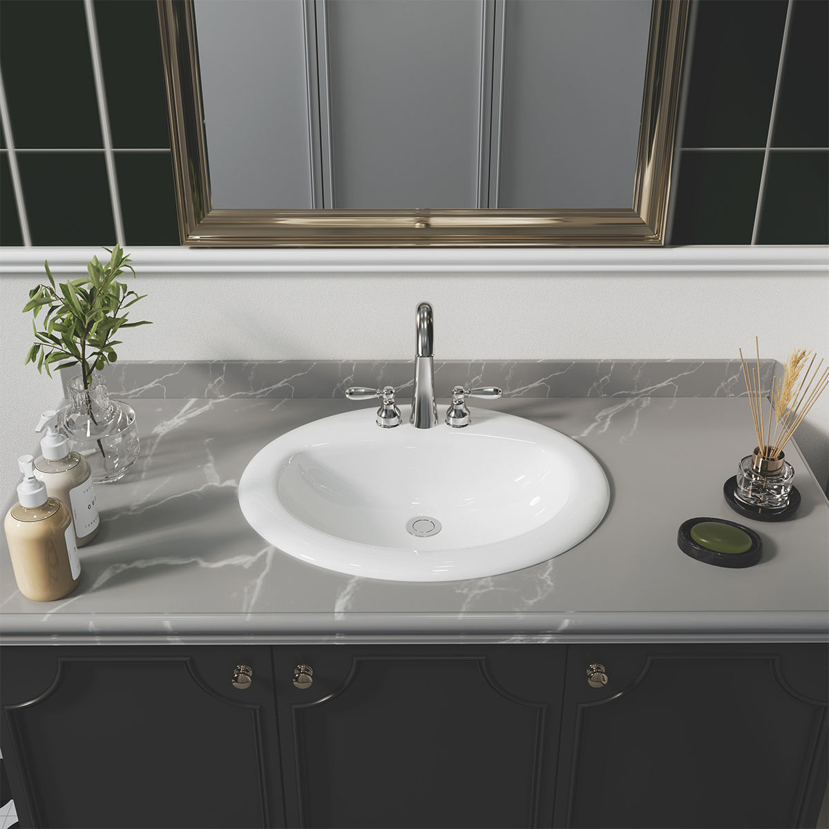 Santa Monica 20 in. Bathroom Sink in White Ceramic Oval Drop-in with Overflow and 4 in. Faucet Holes