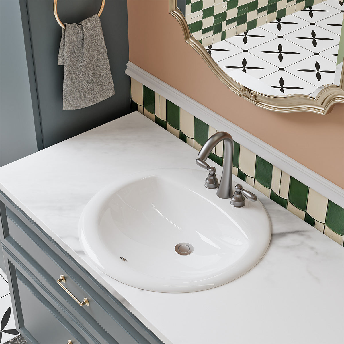 Santa Monica 19 in. Bathroom Sink in White Ceramic Round Drop-In with Overflow and 4 in. Faucet Holes