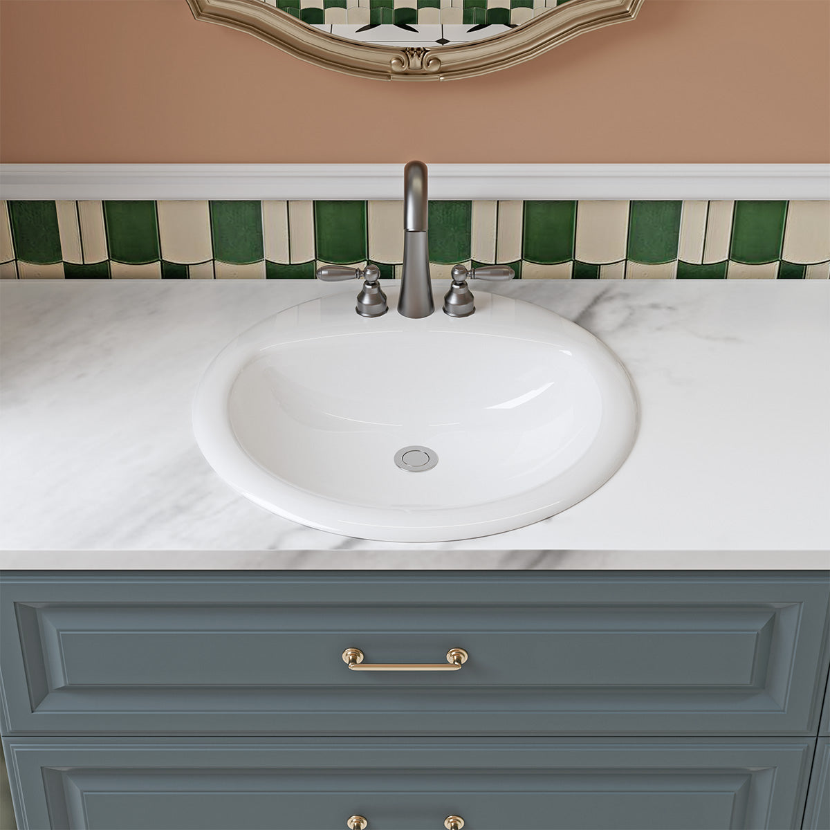 Santa Monica 19 in. Bathroom Sink in White Ceramic Round Drop-In with Overflow and 4 in. Faucet Holes