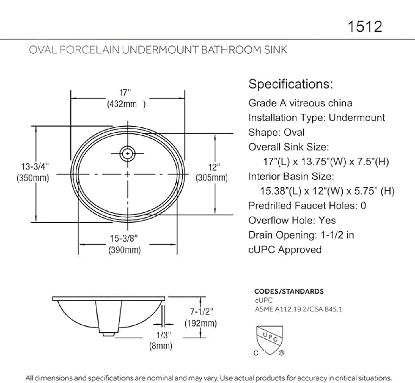 Newport 17-1/3 in. Bathroom Sink in White Ceramic Oval Undermount with Overflow