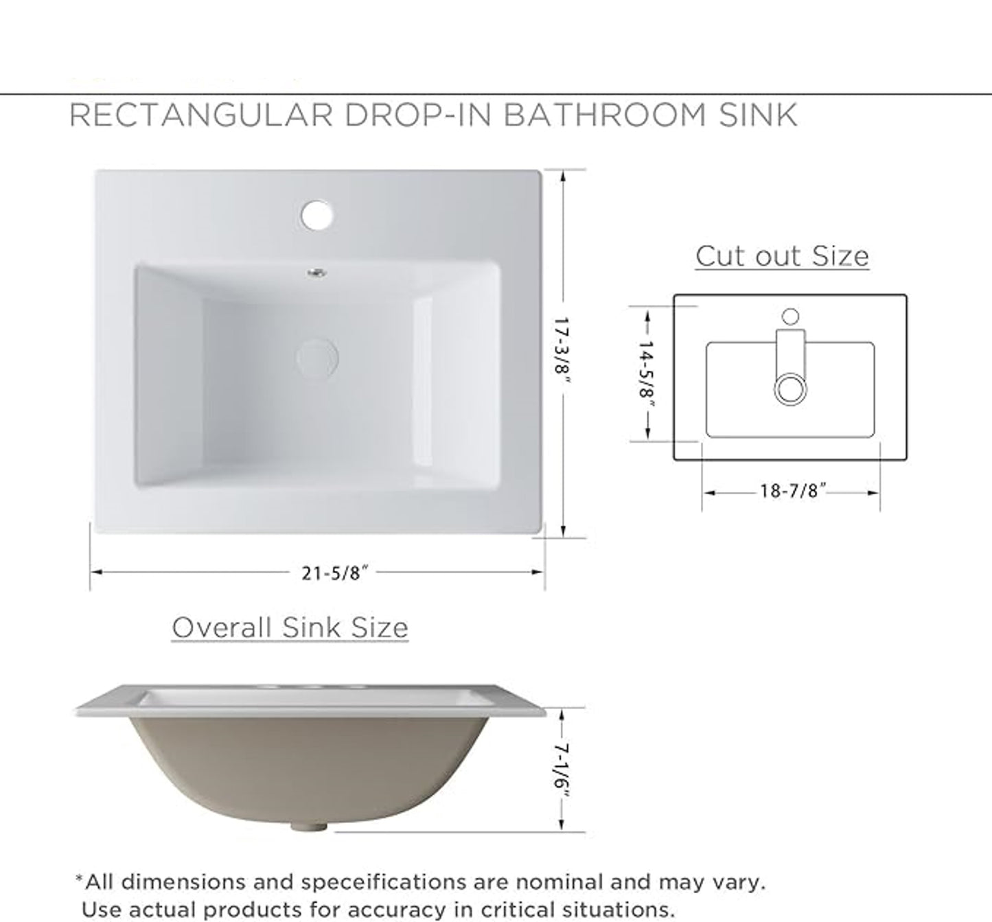 Laguna Beach 21-5/8 in. Bathroom Sink in White Ceramic Rectangular Drop-in with Overflow and Single Faucet Hole