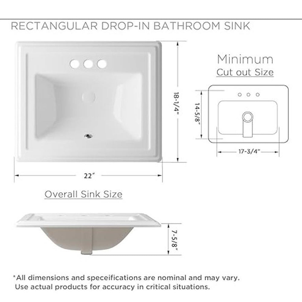 Malibu 22'' Bathroom Sink in White Ceramic Rectangular Drop-in with Overflow