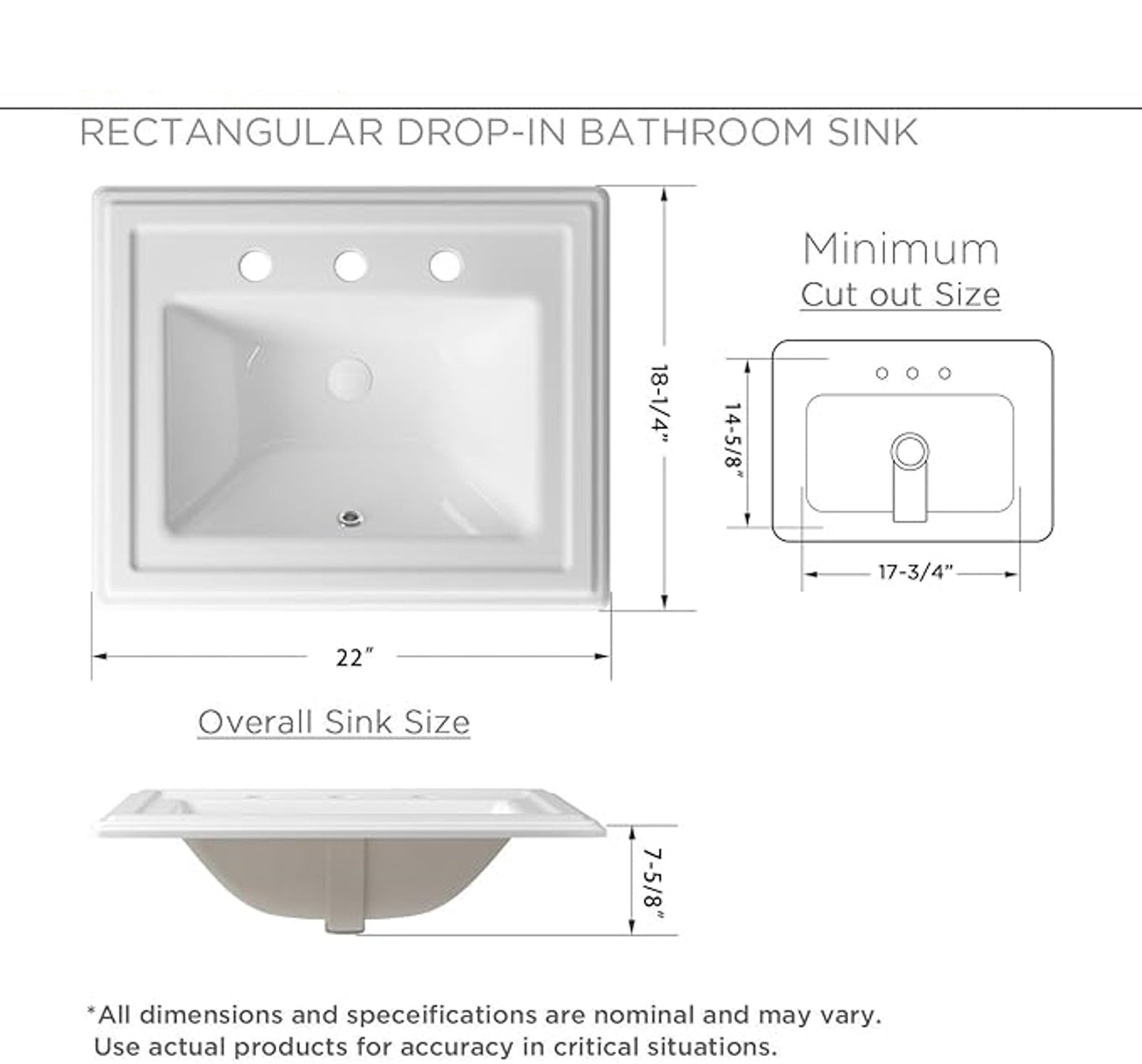Malibu 22 in. Bathroom Sink in White Ceramic Rectangular Drop-In with Overflow and 4 in. Faucet Holes