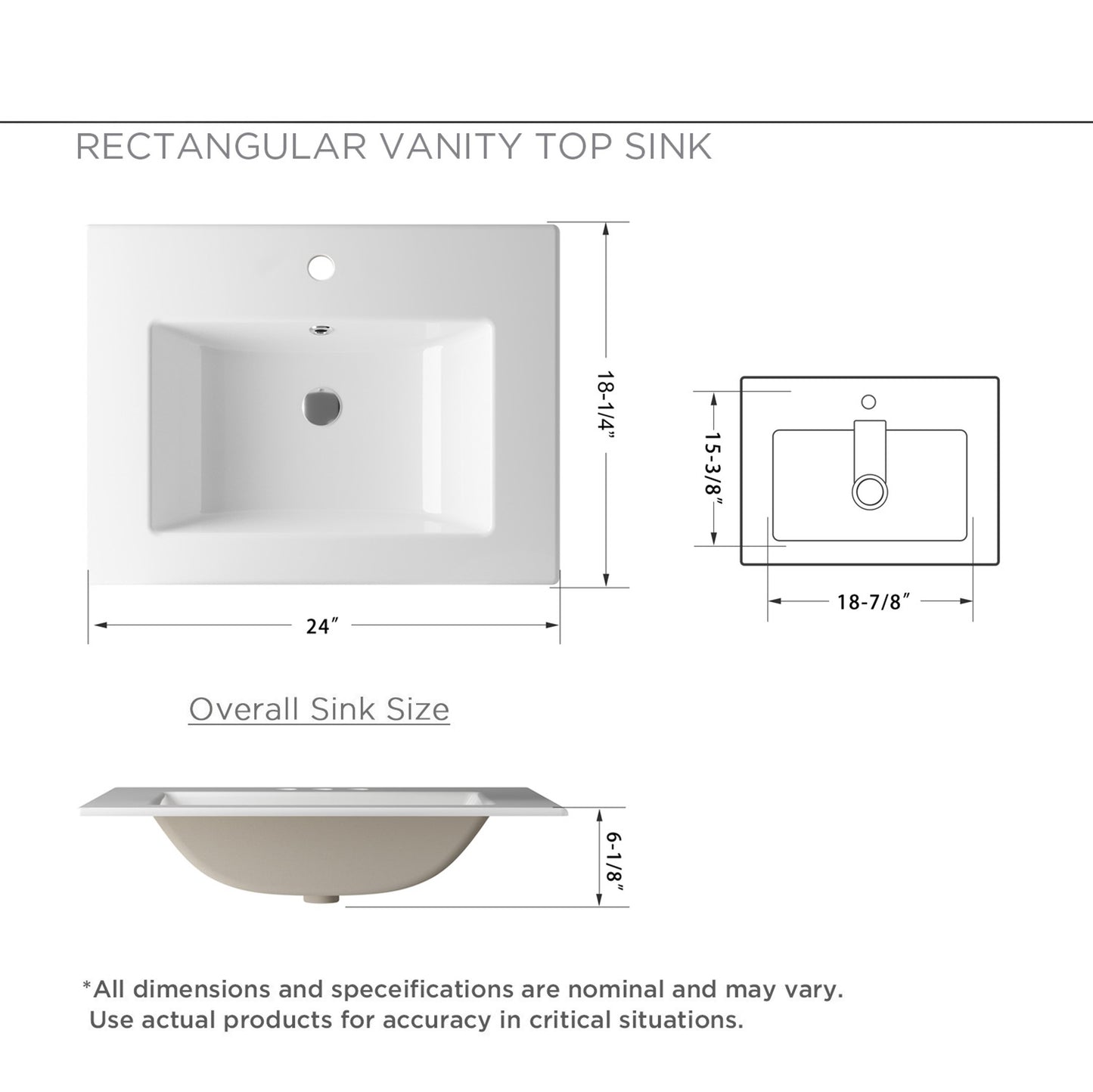 Huntington Beach 24 in. Bathroom Sink in White Ceramic Rectangular Drop-In with Overflow and Single Faucet Hole