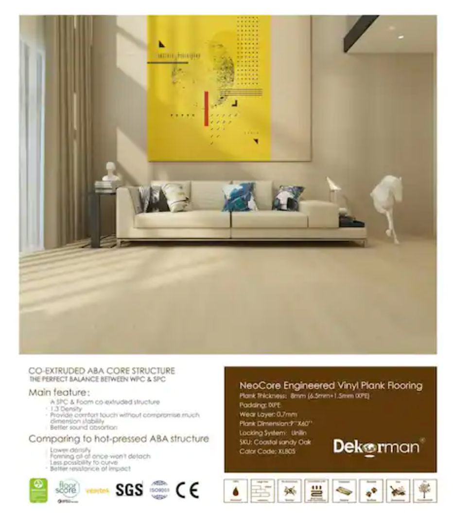 Madison 8mm/28mil Coastal Sandy Oak Waterproof Click Lock Luxury Vinyl Plank Flooring - 9 in. W x 60 in. L (22.4 sqft/case)