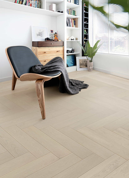 Polaris White European Oak Herringbone 3mm Veneer 5/8″T x 5.83"W  Engineered Hardwood Flooring (11.63 sq.ft/case)